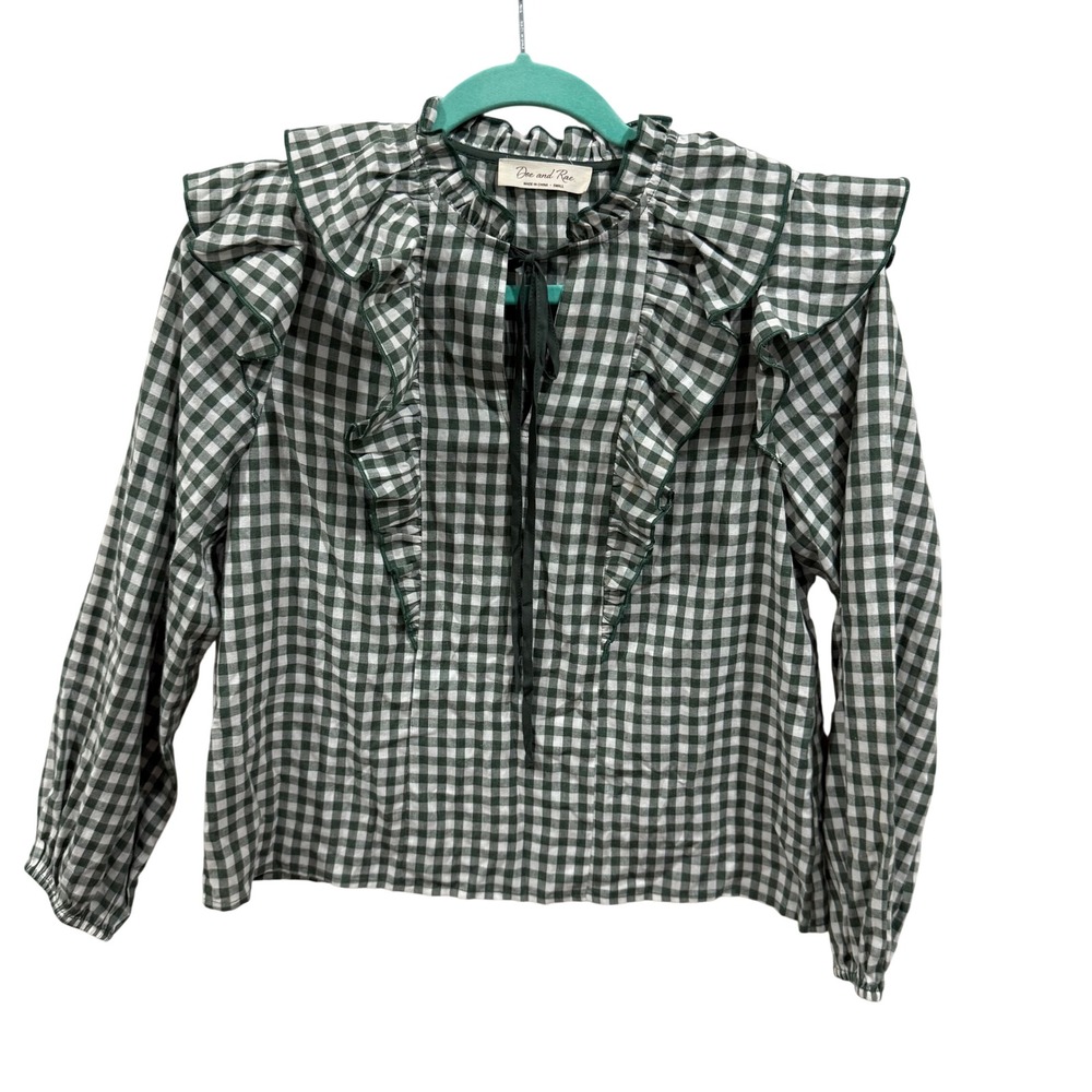 Doe and Rae Green Gingham Ruffle Tie Neck Blouse Small Long Sleeve Frill Top